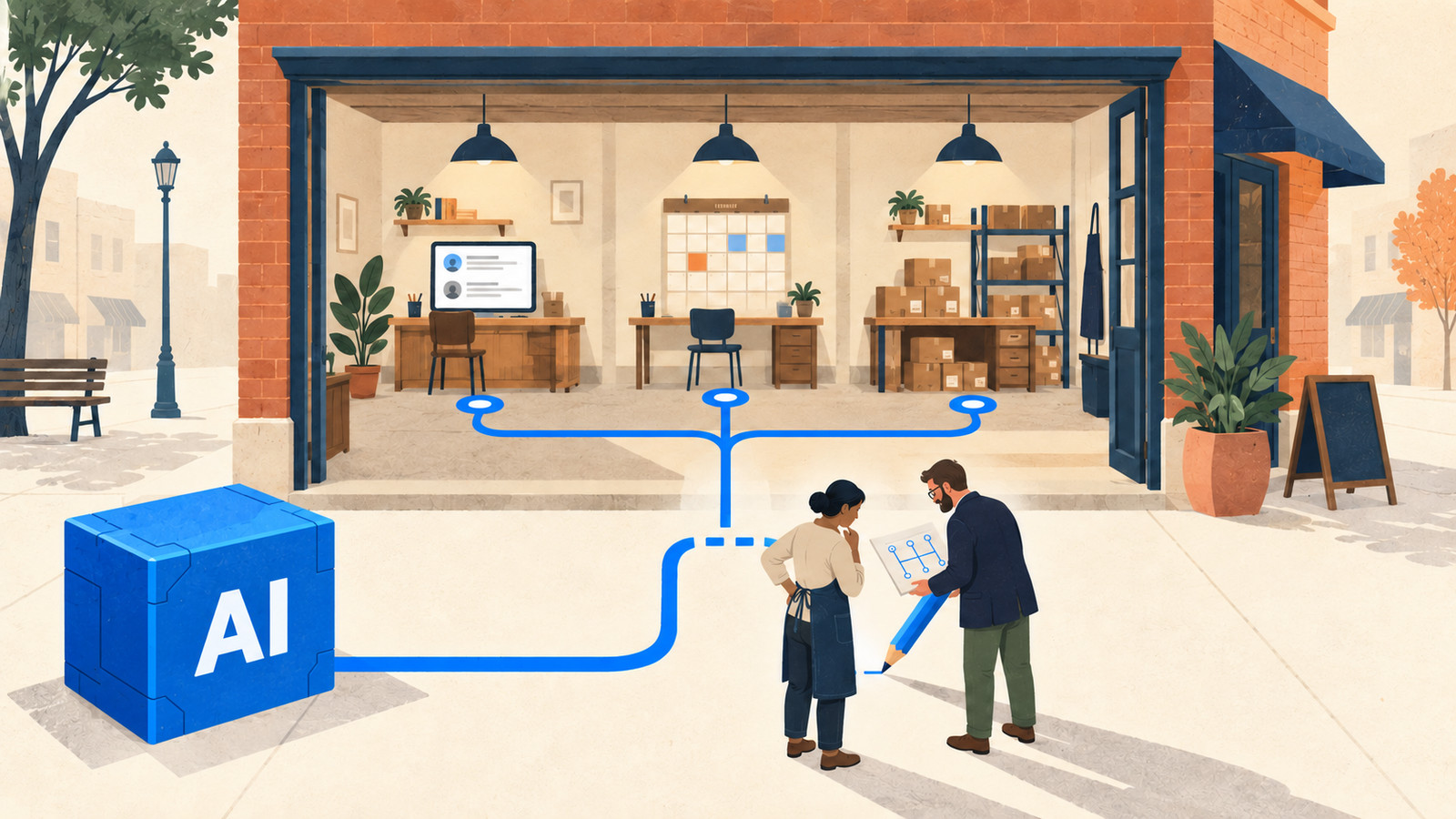 Illustration: a small business storefront with an AI block connected to the shop's workstations while the owner and a consultant map out the workflow